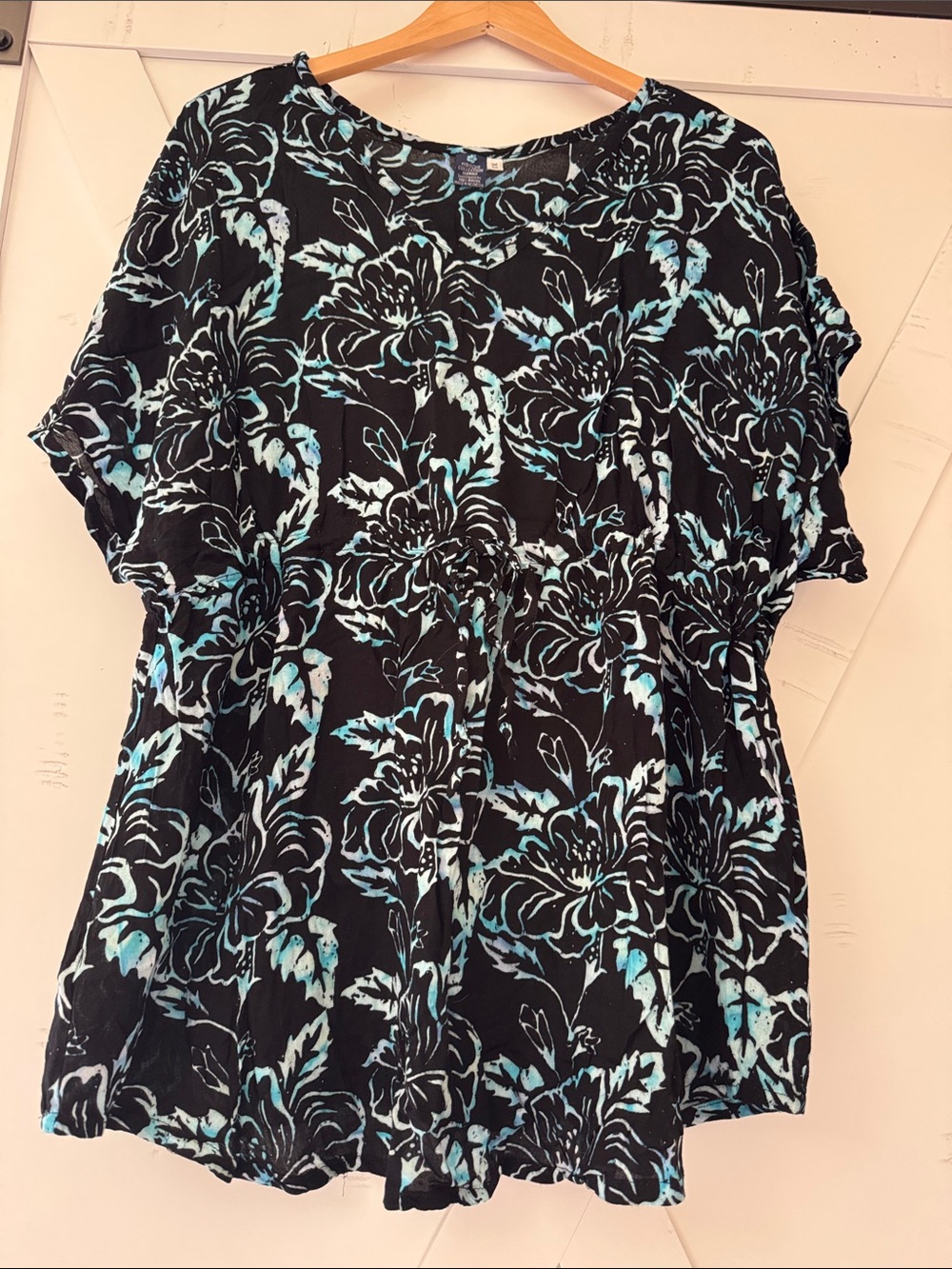 Beach Cover-Up  Short-Sleeve Women's Top with Black Floral Aqua Accents
